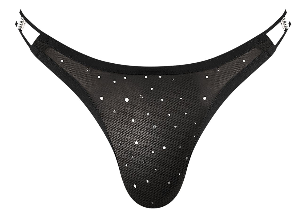 Male Power 407-288 Show Stopper silver mesh thong with black mesh, silver rhinestones, and adjustable metallic side straps