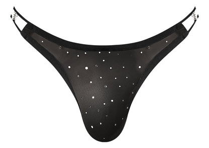 Male Power 407-288 Show Stopper silver mesh thong with black mesh, silver rhinestones, and adjustable metallic side straps