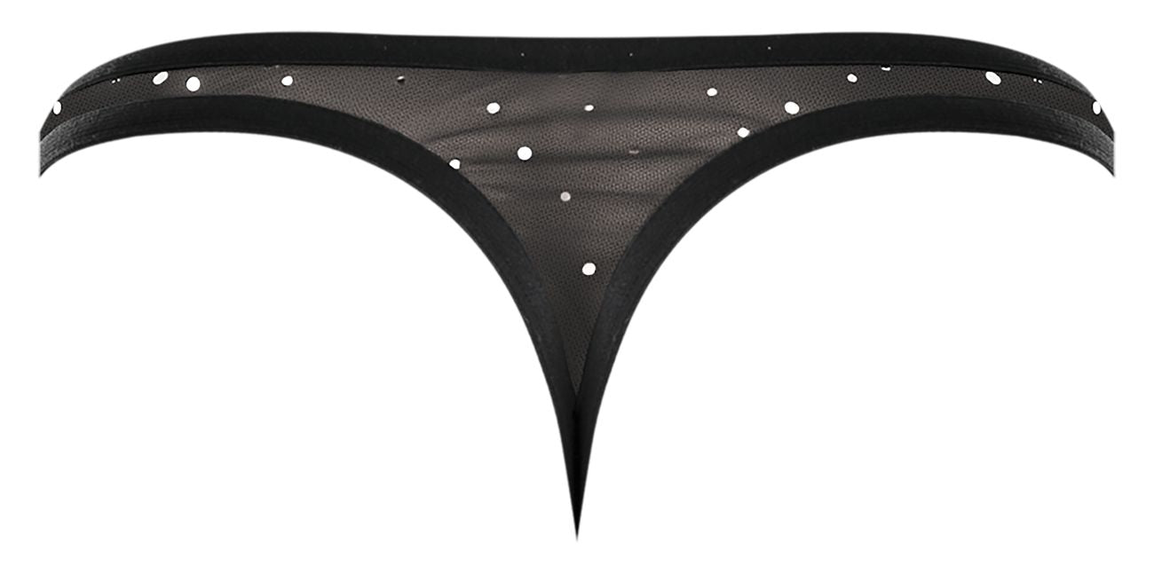 Male power 407-288 show stopper thong in black sheer mesh with white dot embellishments front view