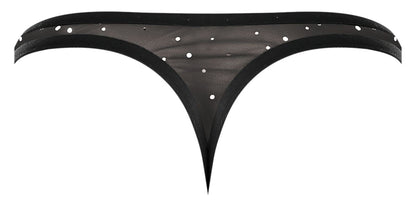 Male power 407-288 show stopper thong in black sheer mesh with white dot embellishments front view