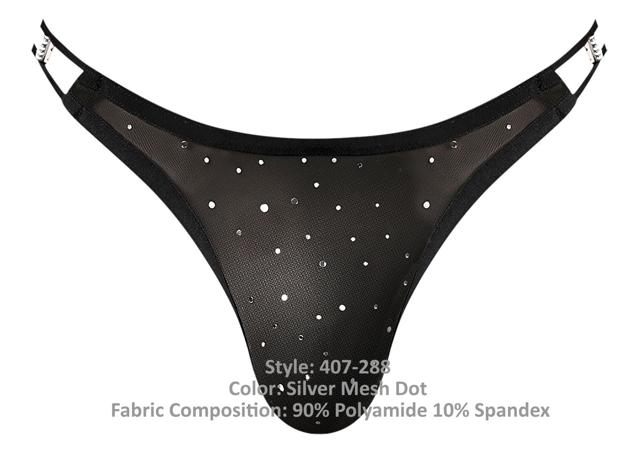Male power 407-288 show stopper thong in black with silver mesh dot design and adjustable straps front view