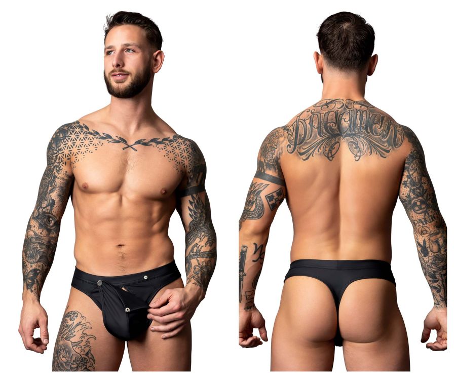 Male power 410-298 black thong with silver button closures showing back side for intimate wear and comfort