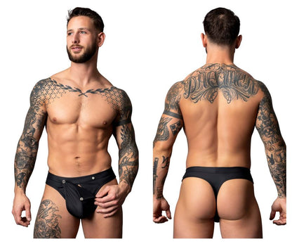 Male power 410-298 black thong with silver button closures showing back side for intimate wear and comfort