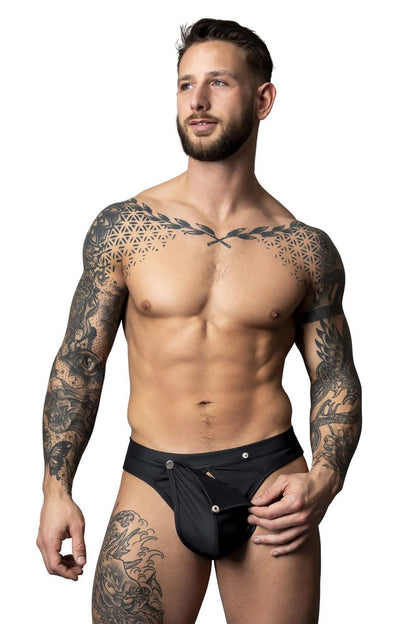 Black male power 410-298 oh snap snap off thong with front closure and three silver-toned buttons in form-fitting fabric