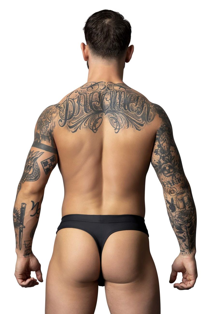 Male power 410-298 oh snap snap off thong in black with a smooth, form-fitting design shown from the back side