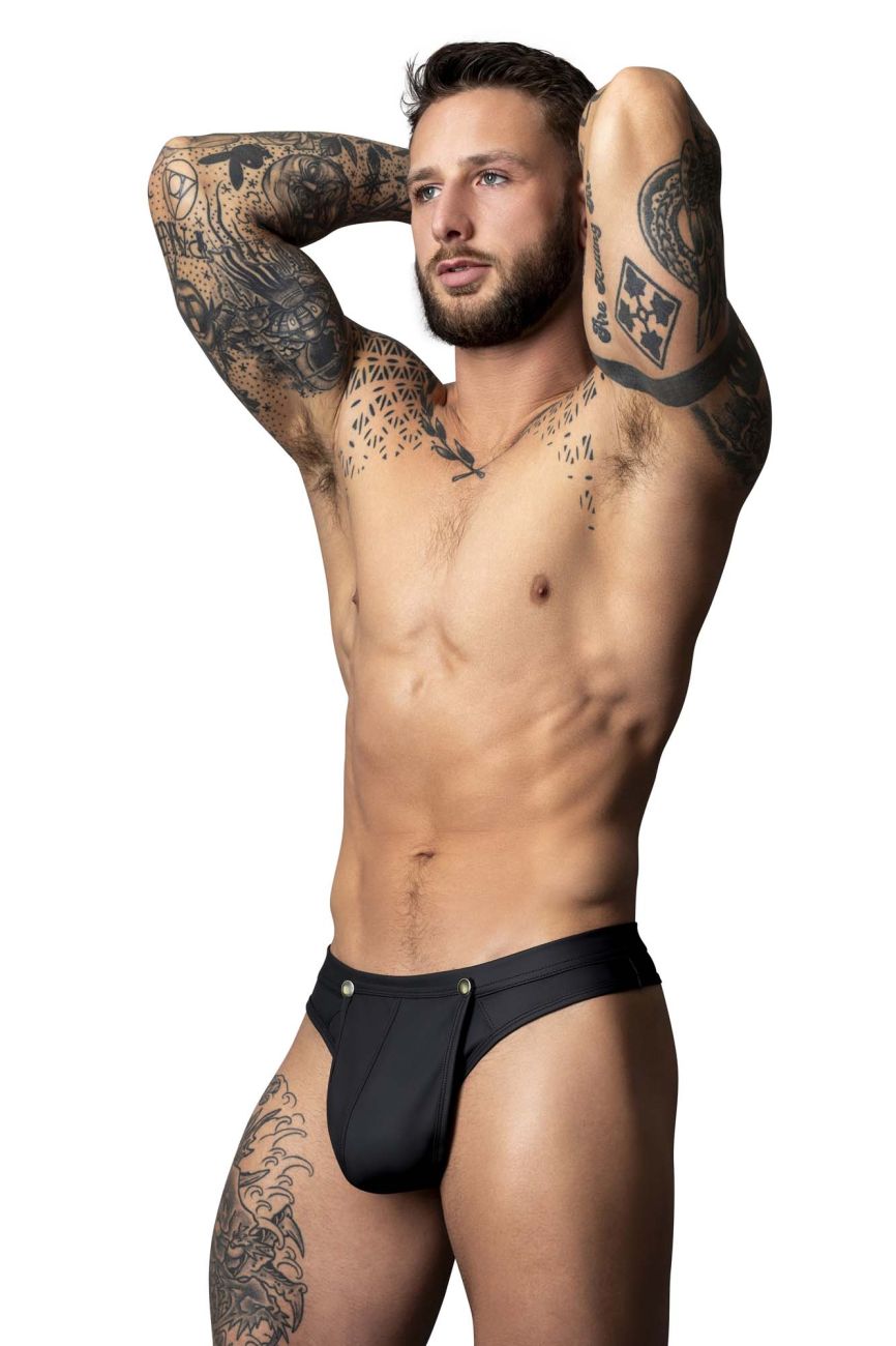 Male power 410-298 oh snap snap off thong black leather briefs with silver-toned button closures front view