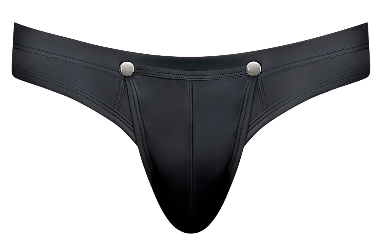 Male power 410-298 oh snap snap off black leather thong with silver snap buttons at the waistband