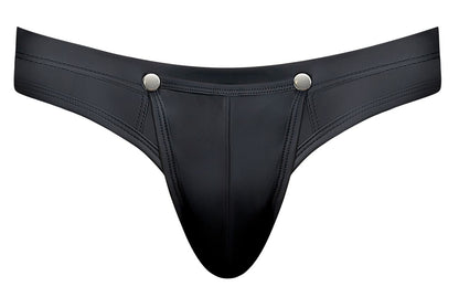 Male power 410-298 oh snap snap off black leather thong with silver snap buttons at the waistband