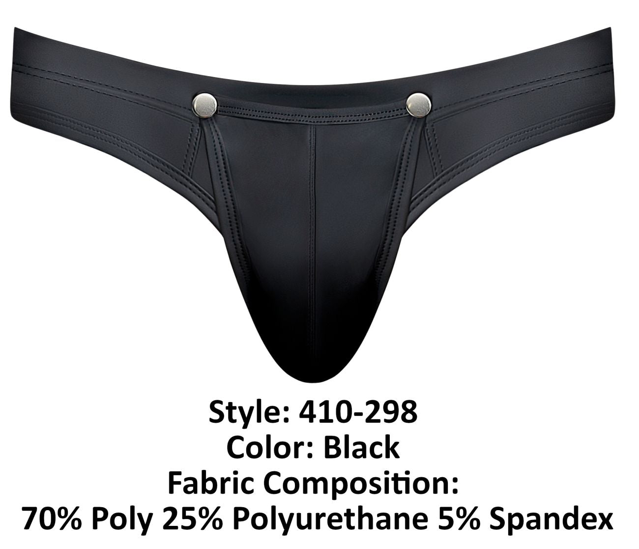 Male power 410-298 oh snap snap off thong in black with sleek glossy finish and silver-toned snap buttons at waistband