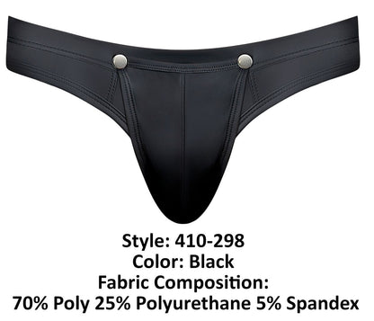 Male power 410-298 oh snap snap off thong in black with sleek glossy finish and silver-toned snap buttons at waistband