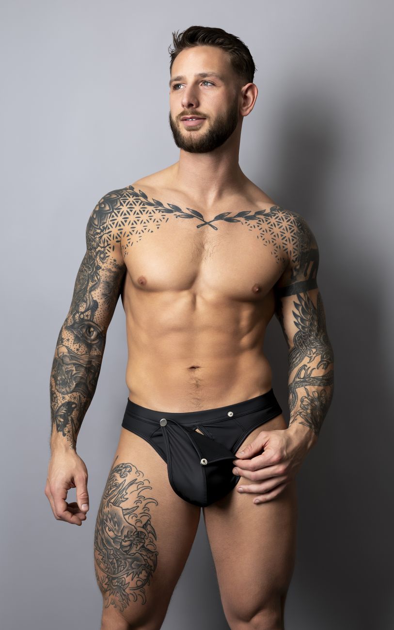Black male power 410-298 oh snap snap off thong with front closure and silver toned button details in form-fitting fabric