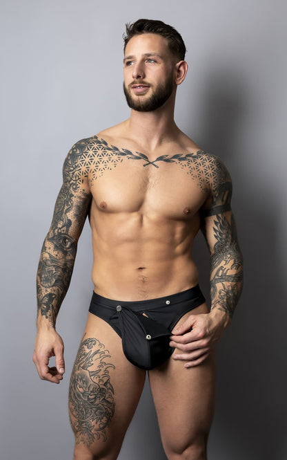 Black male power 410-298 oh snap snap off thong with front closure and silver toned button details in form-fitting fabric