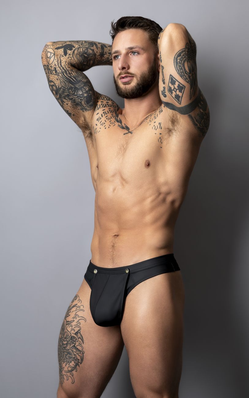 Male Power 410-298 Oh Snap Snap off thong black sleek form-fitting men’s briefs with metallic button at waistband