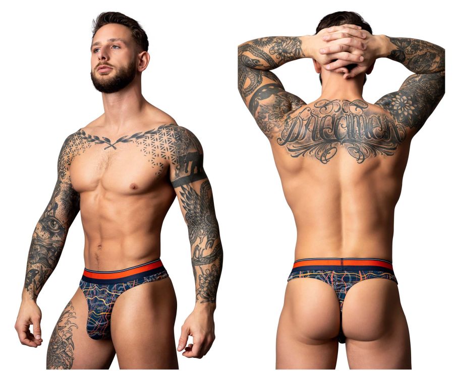 Men power 412-299 soo cumfy thong in navy orange with intricate geometric and tribal patterns designed for comfort