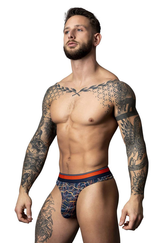 Blue patterned male power 412-299 soo cumfy thong with orange and navy trim for comfortable wear