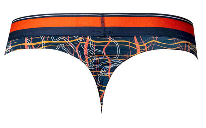 Navy blue male power 412-299 soo cumfy thong with bold orange waistband and white yellow red abstract line pattern