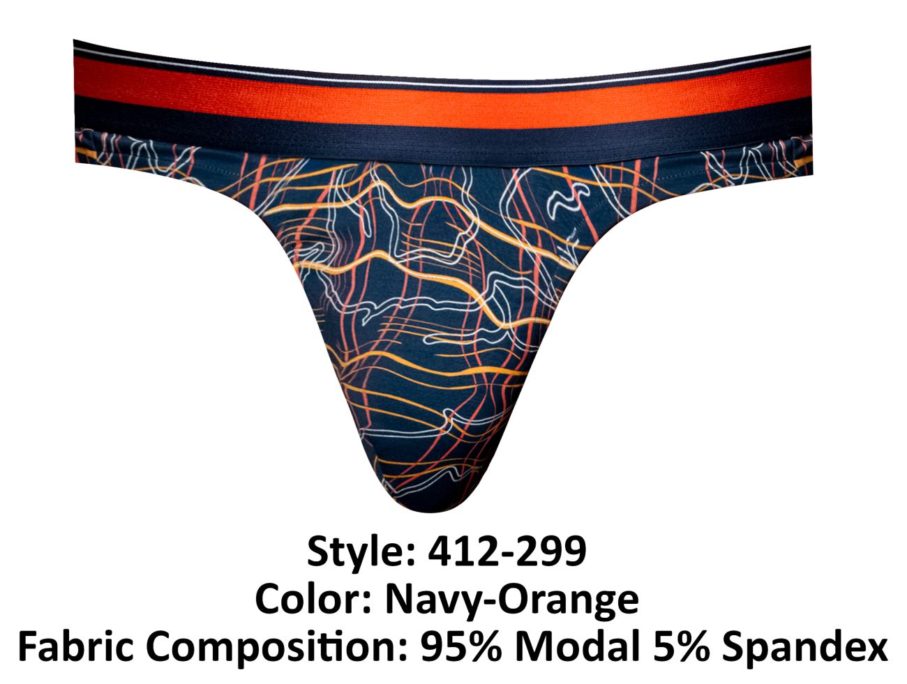 Male power 412-299 soo cumfy thong navy orange with bold abstract orange and white lines on dark blue base front view