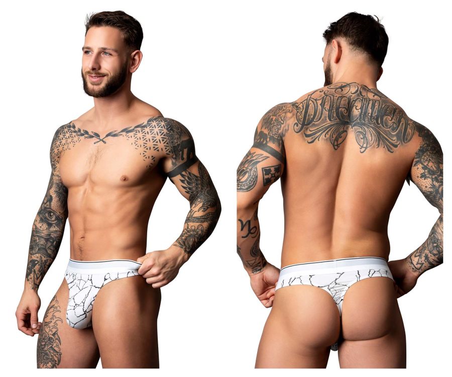White male power 412-299 soo cumfy thong briefs with black crackle pattern design for comfortable wear