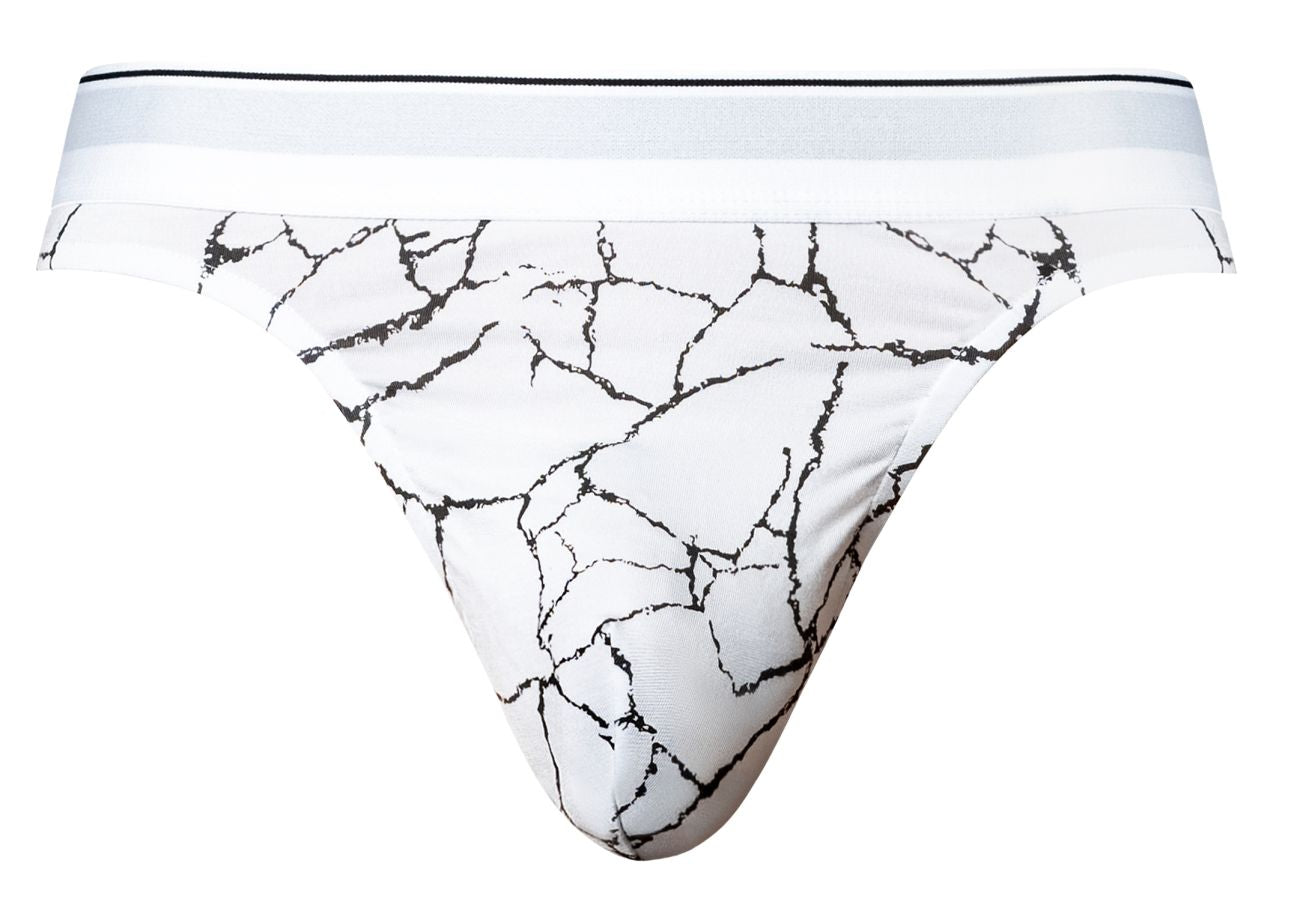 White male power 412-299 soo cumfy thong briefs with black cracked marble pattern and solid white waistband