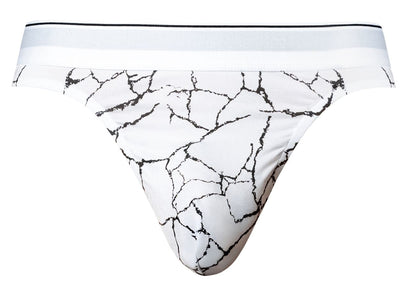 White male power 412-299 soo cumfy thong briefs with black cracked marble pattern and solid white waistband