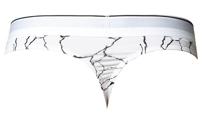 Male power 412-299 soo cumfy thong in white with black marble-like crack pattern and solid white waistband