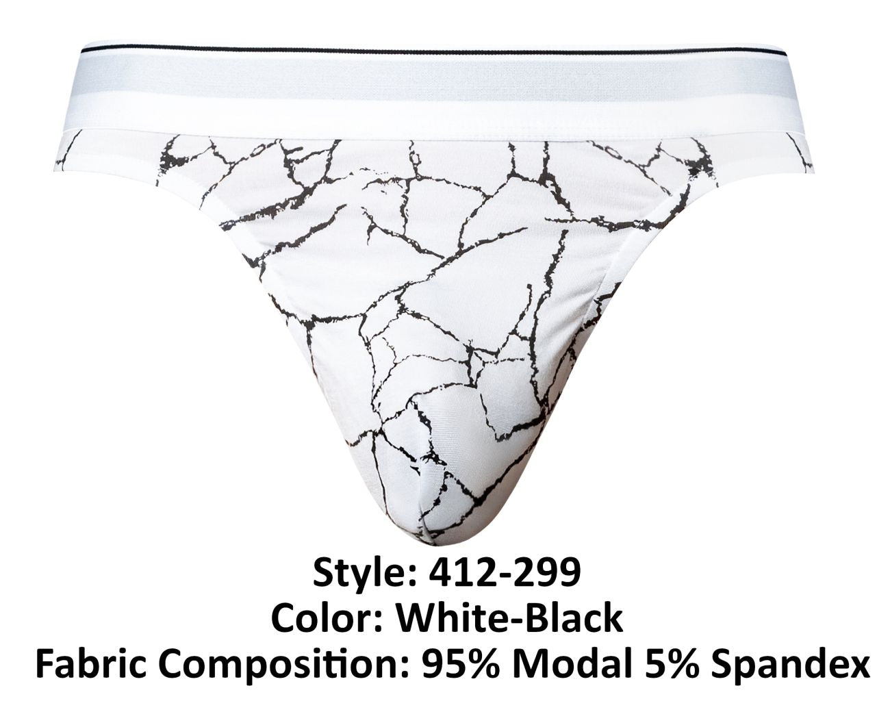 Male power 412-299 soo cumfy thong in white and black crackled marble modal spandex briefs front view