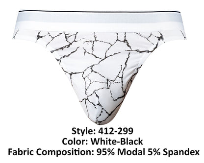 Male power 412-299 soo cumfy thong in white and black crackled marble modal spandex briefs front view