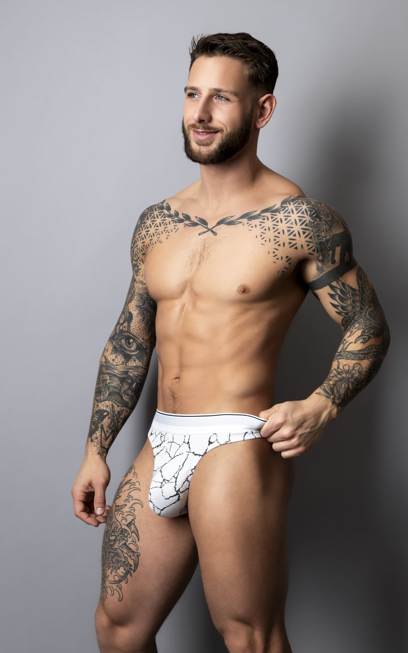 Male power 412-299 soo cumfy white briefs with black crackle pattern designed for comfort and style