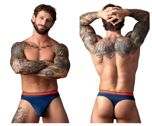 Navy blue male power 412-299 soo cumfy briefs with bold orange waistband designed for comfortable everyday wear
