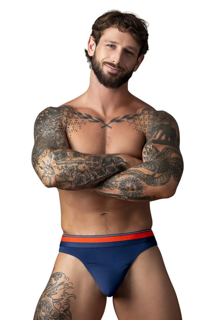 Navy blue male power 412-299 soo cumfy briefs with a red and white striped waistband for comfortable wear