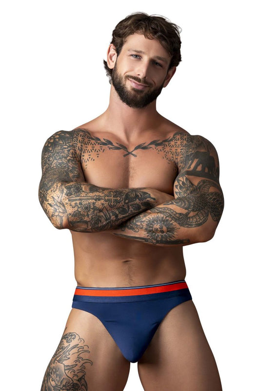 Navy blue male power 412-299 soo cumfy briefs with a red and white striped waistband for comfortable wear