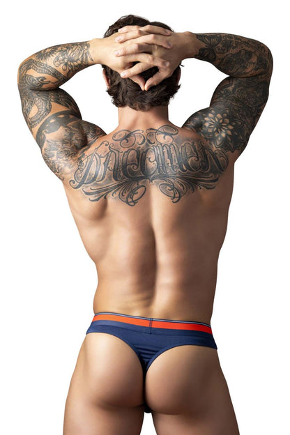 Navy blue male power soo cumfy thong with red and white striped waistband shown from the back side
