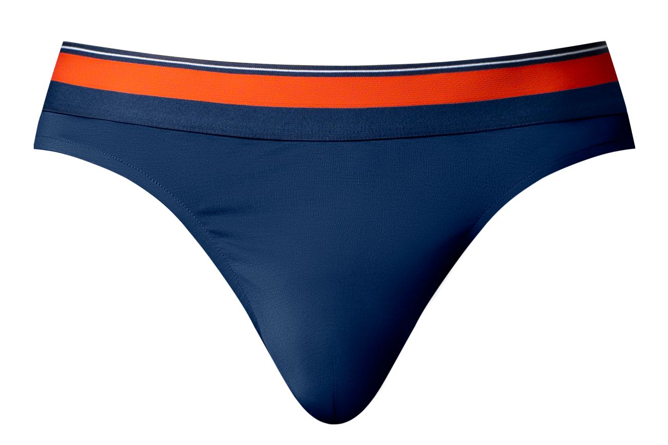 Navy male power 412-299 soo cumfy thong with bold orange and navy striped waistband designed for comfort and style