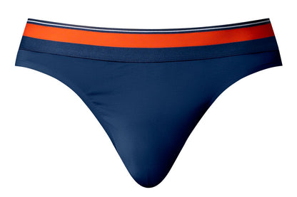 Navy male power 412-299 soo cumfy thong with bold orange and navy striped waistband designed for comfort and style