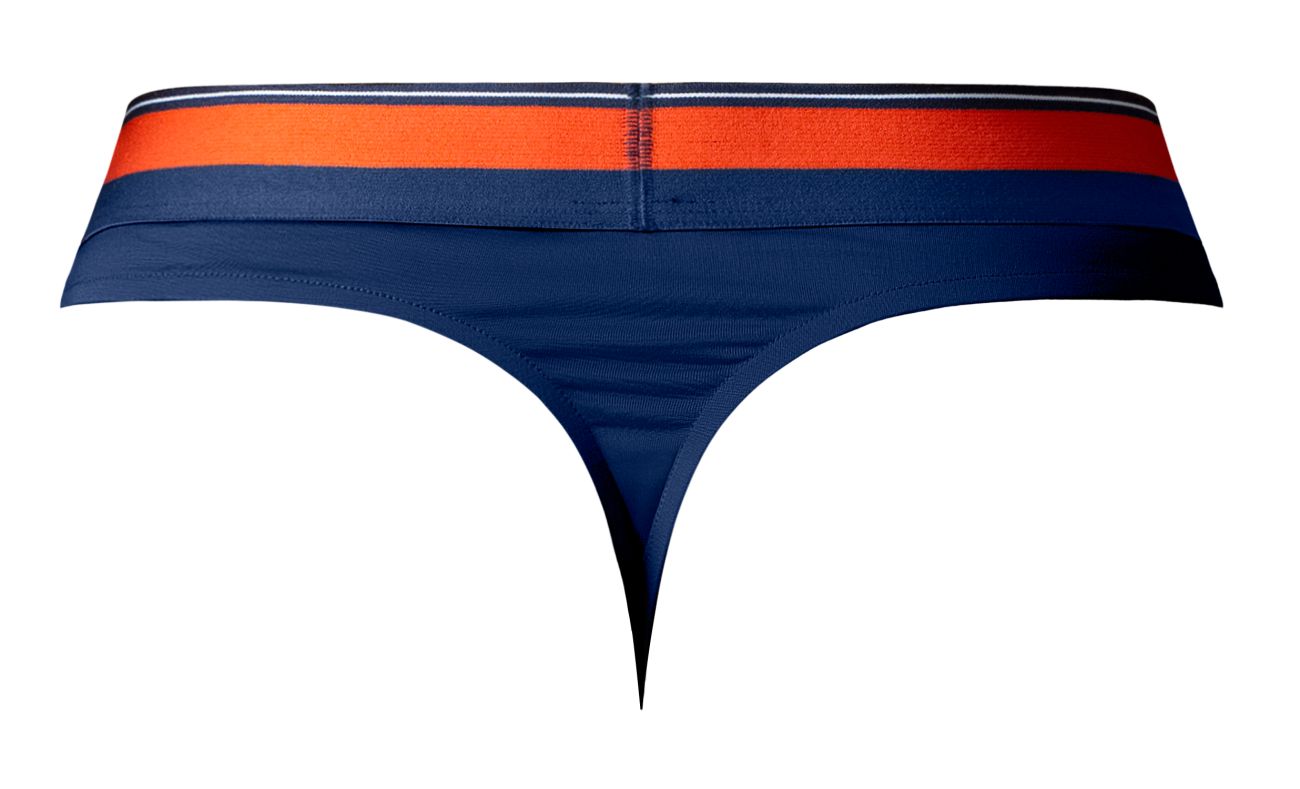 Navy blue male power soo cumfy thong with bold orange and white striped waistband front view