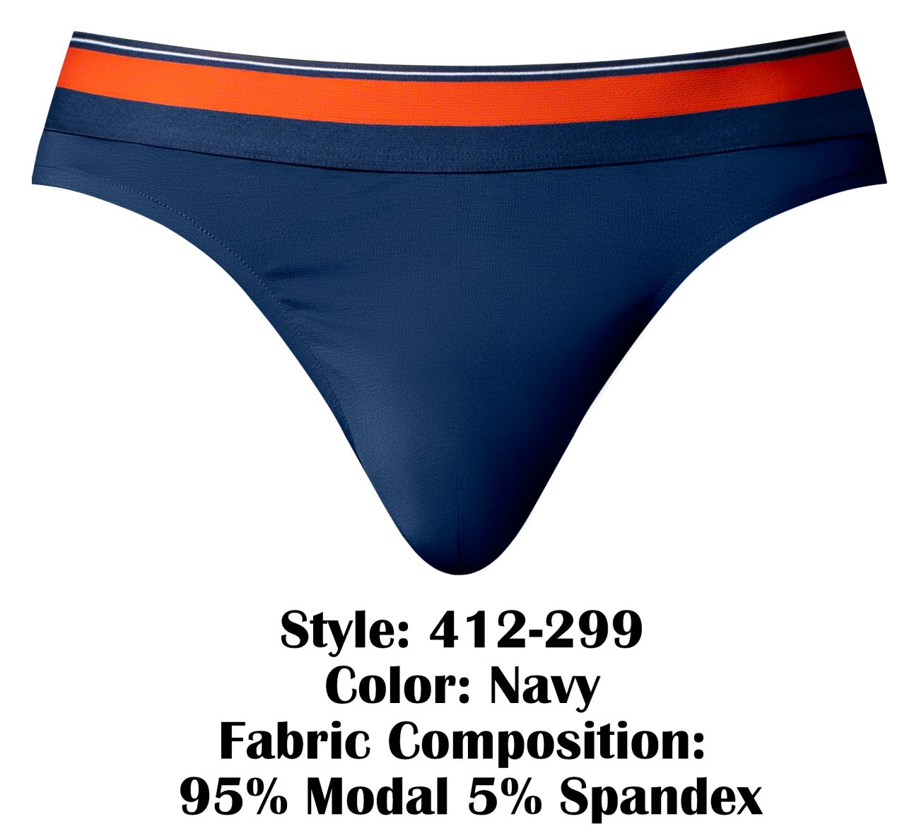 Navy blue male power 412-299 soo cumfy thong with bold orange white striped waistband made of modal and spandex