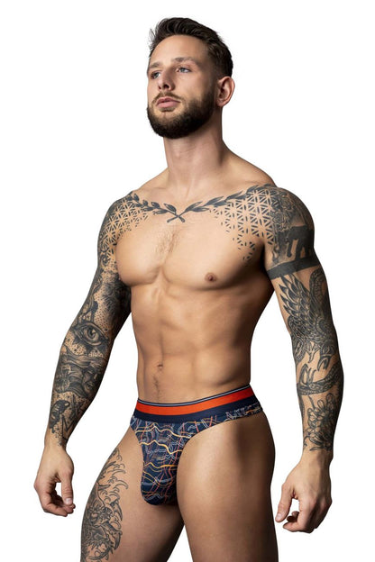 Male Power 412-299 Soo Cumfy thongs navy blue briefs with orange and navy trim designed for comfort and style