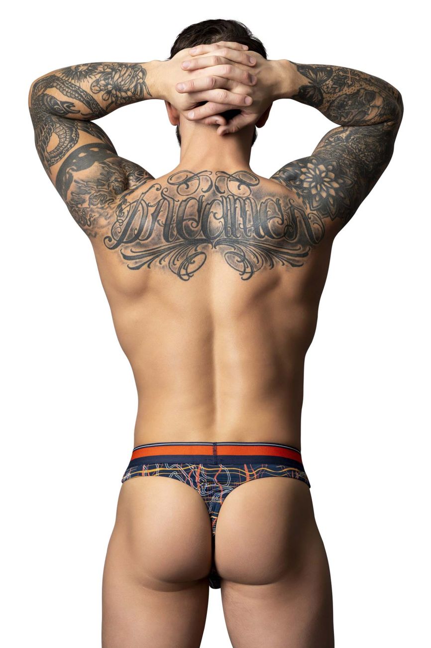 Male power 412-299 soo cumfy thongs navy men’s briefs with navy blue and orange intricate patterns and comfortable fit
