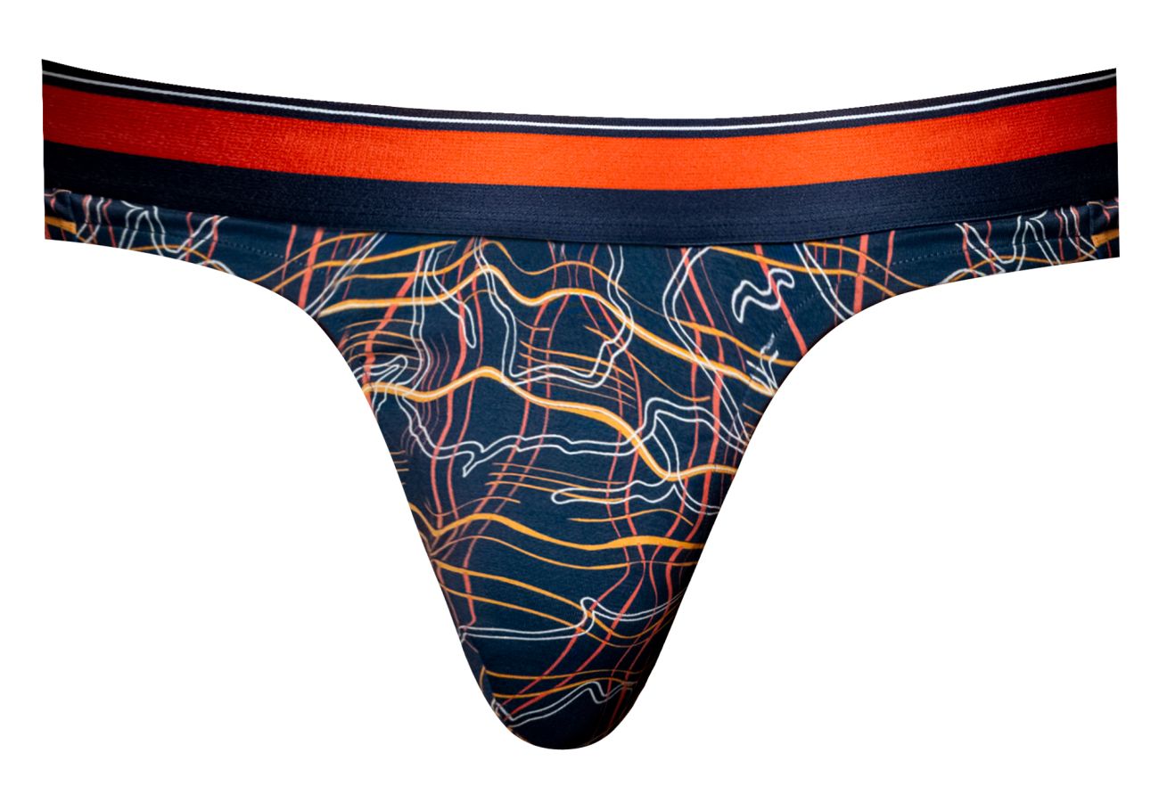 Male power 412-299 soo cumfy thong in navy blue with vibrant orange yellow abstract lines and red waistband with black border