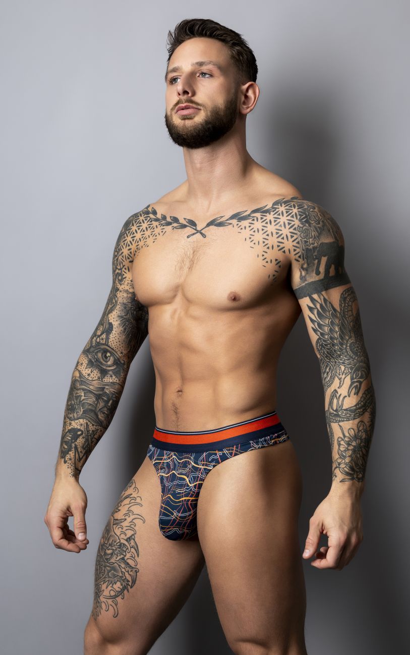 Navy blue patterned briefs with an orange waistband from male power 412-299 soo cumfy thongs collection