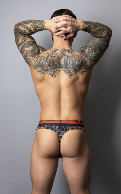 Men’s navy blue and orange patterned briefs with decorative waistband from male power soo cumfy thongs color navy collection