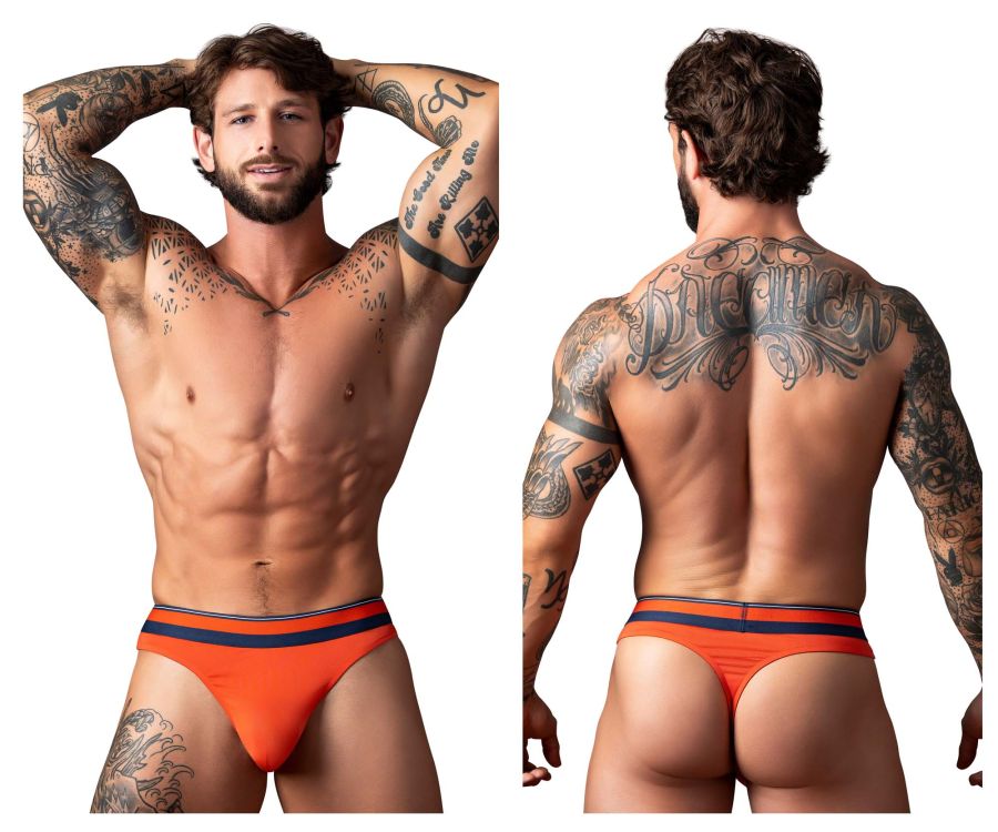 Male power 412-299 soo cumfy thongs in orange with navy blue stripes designed for comfortable male wear
