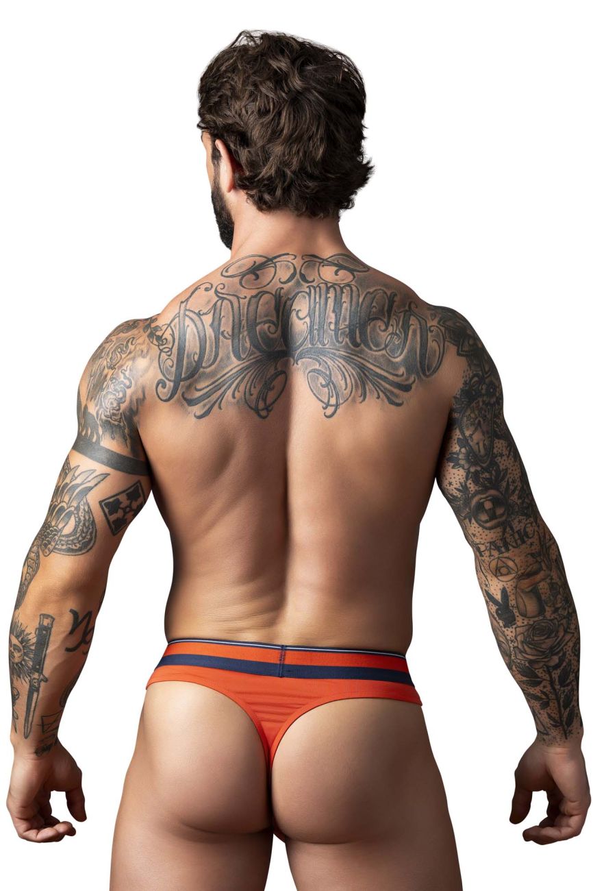 Male power 412-299 soo cumfy thongs in orange and navy blue stripes with a snug fit for comfortable wear
