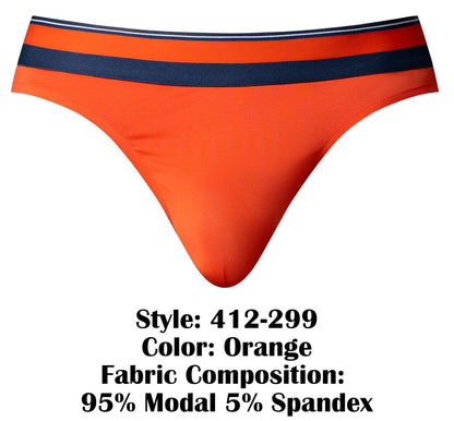 Bright orange Male Power 412-299 Soo Cumfy thong with navy blue and white striped waistband made from modal and spandex