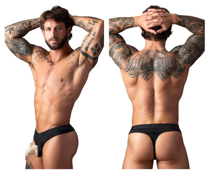 Black male power open ended thong with elastic cock ring designed for comfort and support in a sleek style