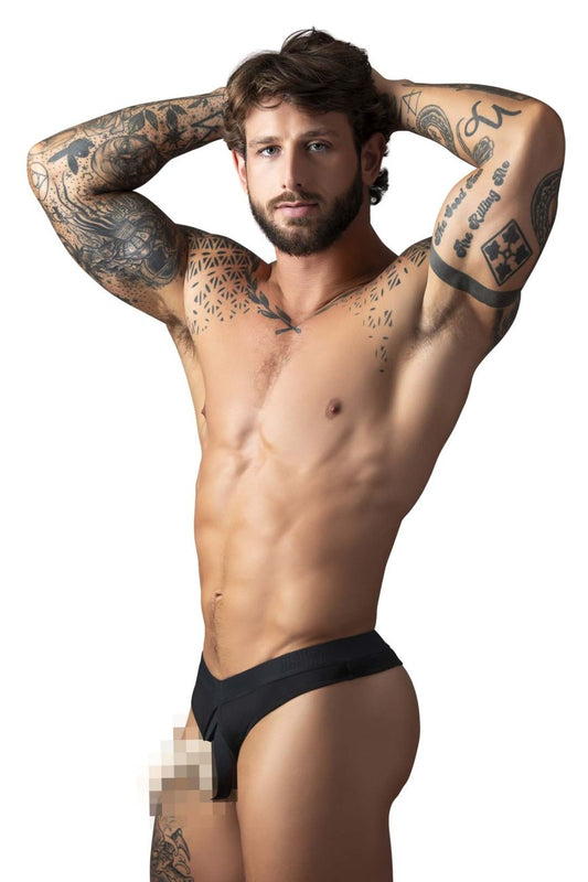 Male power 417-304 black open front thong briefs with snug fit smooth fabric and elastic cock ring front view