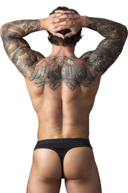 Black thong underwear with smooth form-fitting design and open front elastic cock ring by male power