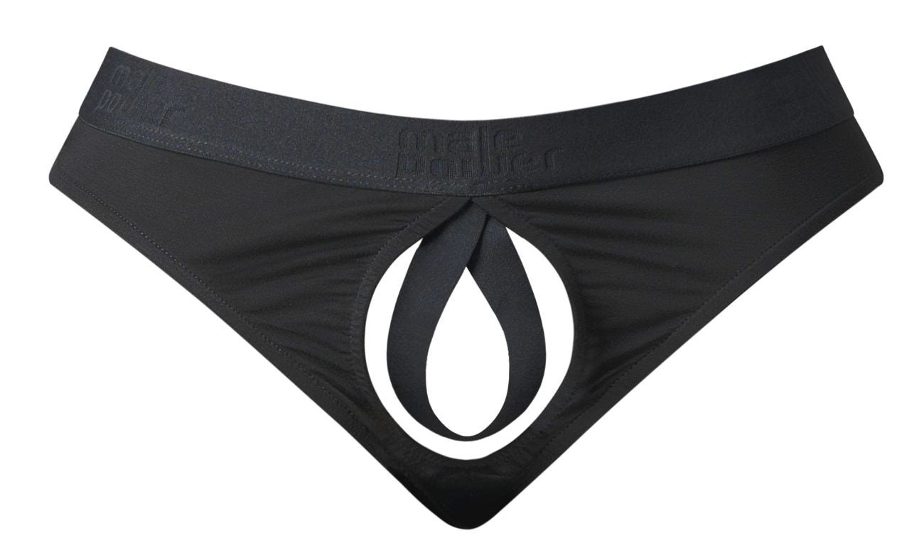 Male power 417-304 black men’s briefs with bold white teardrop logo open ended thong open front elastic cock ring design