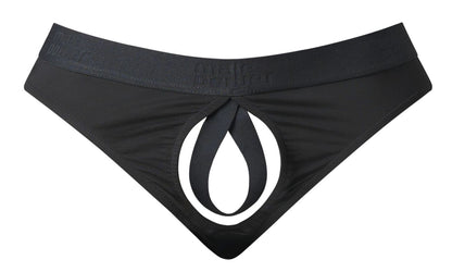 Male power 417-304 black men’s briefs with bold white teardrop logo open ended thong open front elastic cock ring design