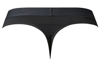 Black male power open ended thong with smooth stretchy fabric elastic waistband and embossed branding
